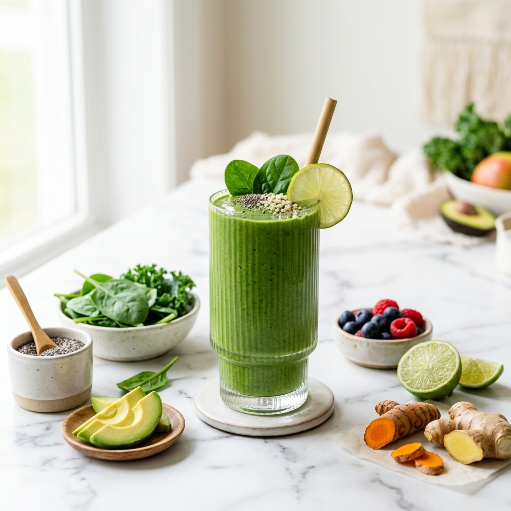 Batido verde premium con superalimentos frescos sobre mármol blanco